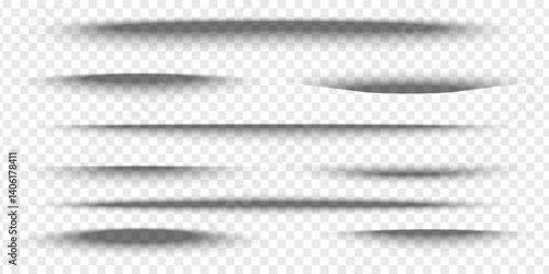 Set of package or box shadow mockups. Different realistic soft grey shapes. Light overlay effects. Shades isolated on transparent background. Vector realistic illustration.