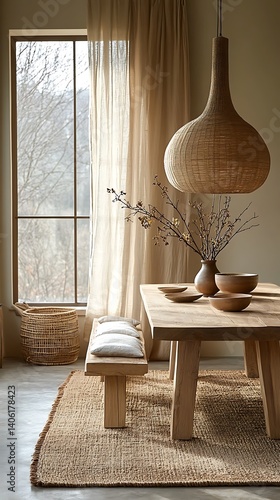 Obraz na płótnie Cozy minimalist dining room with natural textures, featuring a rustic wood table, woven pendant light, and serene window view. w salonie