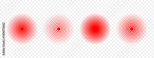 Red concentric circles. Pain localization icons. Sore, ache or inflammation symbols. Pulse or vibration signs. Radar or sound wave pictograms isolated on transparent background. Vector illustration.