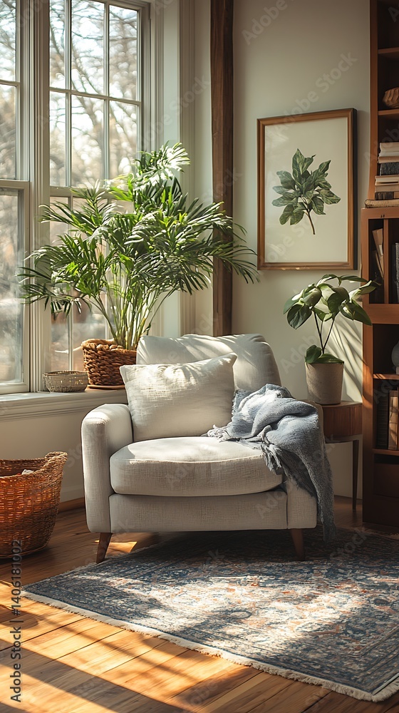 Cozy Reading Nook with Natural Light: Armchair, Indoor Plants, and Textured Rug Creating a Relaxing Interior Setting.