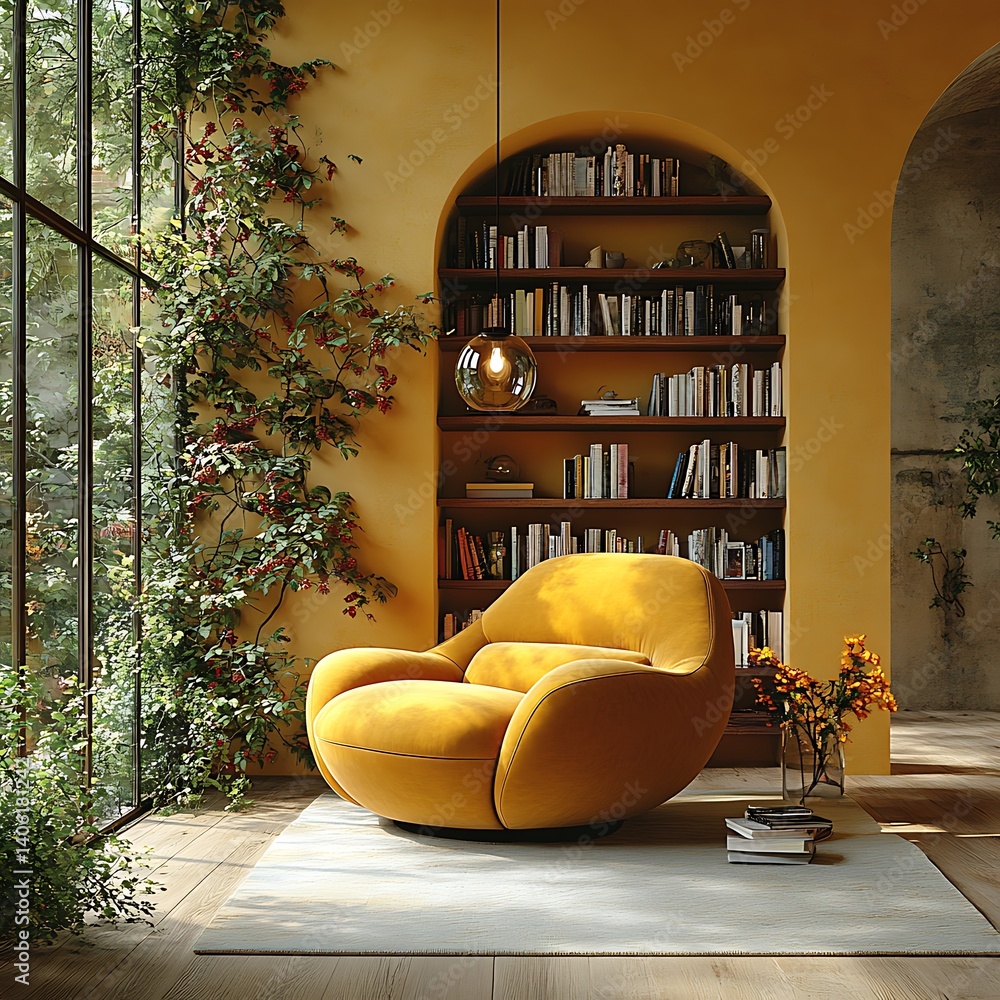 Cozy Reading Nook with Yellow Chair, Bookshelves, Natural Light, and Climbing Plants for a Tranquil Home Environment.