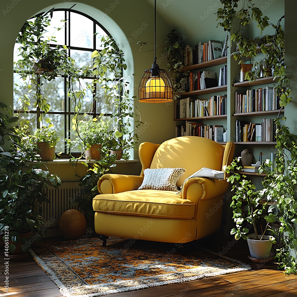 Cozy Reading Nook: Yellow Armchair Surrounded by Plants, Bookshelves, and Natural Light from an Arched Window, Creating a Serene Atmosphere.