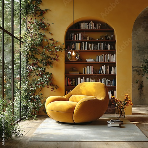Obraz na płótnie Cozy Reading Nook with Yellow Chair, Bookshelves, Natural Light, and Climbing Plants for a Tranquil Home Environment. w salonie
