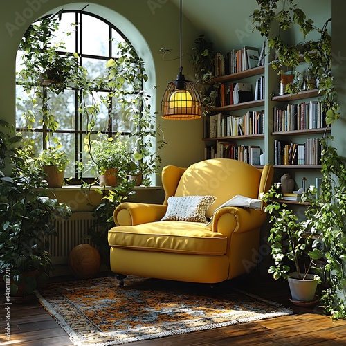 Obraz na płótnie Cozy Reading Nook: Yellow Armchair Surrounded by Plants, Bookshelves, and Natural Light from an Arched Window, Creating a Serene Atmosphere. w salonie