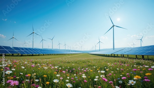 Renewable Energy Field With Wind Turbines and Solar Panels Under a Clear Blue Sky in a Vibrant Landscape