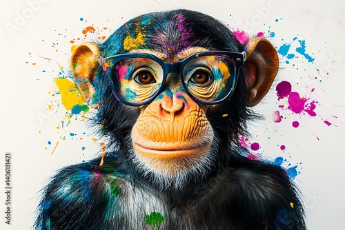 Close up portrait of a chimpanzee wearing glasses with colorful paint splatters on its fur and face photo