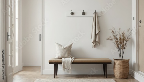 Welcoming Entryway With Minimalist Design Featuring a Bench and Natural Decor Elements