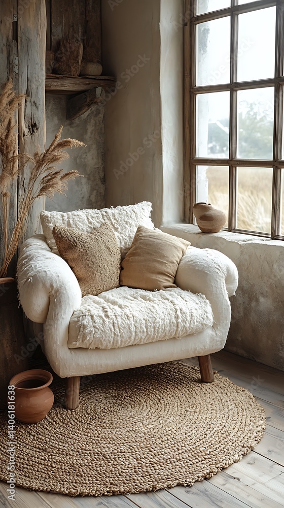 Cozy room with white armchair, pillows, pottery, pampas grass, rustic wooden details, jute rug, creating a peaceful and inviting ambiance.