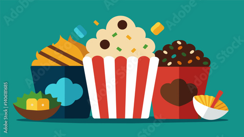 A delectable assortment of gourmet popcorn featuring unexpected flavors like truffle parmesan dill pickle and dark chocolate sea salt.. Vector illustration