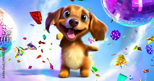 Animated puppy celebrates amidst colorful confetti and disco ball