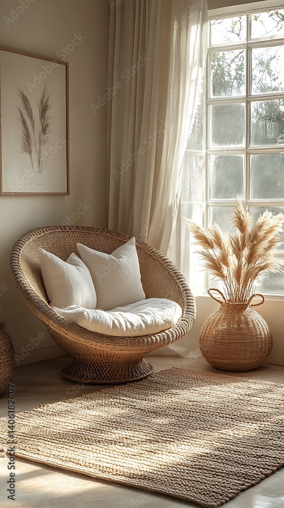 Cozy Wicker Chair with Pillows by Window, Natural Light, Pampas Grass Décor and Jute Rug in Earthy Toned Interior Space