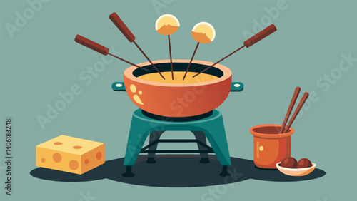 A fondue station is set up complete with a retrostyle pot and skewers for guests to dip into melted cheese or chocolate. The ultimate retro dinner. Vector illustration