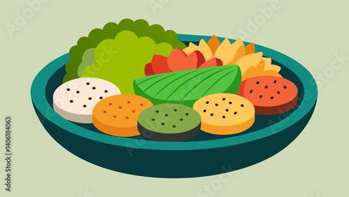 A flavorful blend of seasoned rice crackers y wasabi peas and sesamecrusted seaweed snacks displayed in a colorful ceramic dish.. Vector illustration