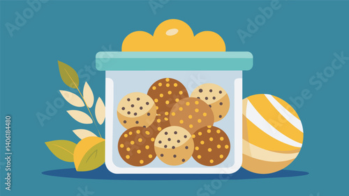A container of homemade energy balls filled with oats honey and dried fruit for a healthy boost of energy.. Vector illustration
