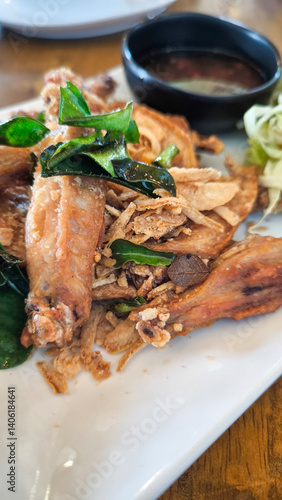 Fried chicken wings in a white plate on a wooden table decorated with orchids.