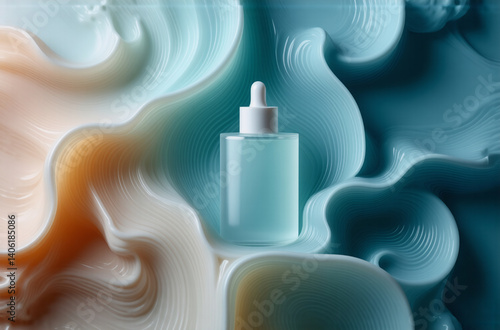 A skincare serum bottle sits nestled within a swirling, abstract landscape of pastel blue, peach, and white.  The image evokes serenity and luxury.