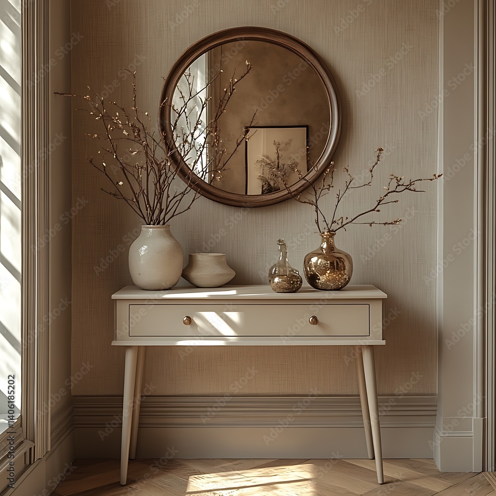 Elegant Interior Decor: A Neutral Console Table Arrangement with Rustic Vases and a Circular Mirror Displaying Light and Shadows, Reflecting Warmth.