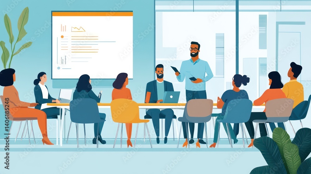 A business leader guiding a diverse team through an engaging presentation in a modern boardroom A business leader guiding a diverse team through an engaging presentation in a modern boardroom