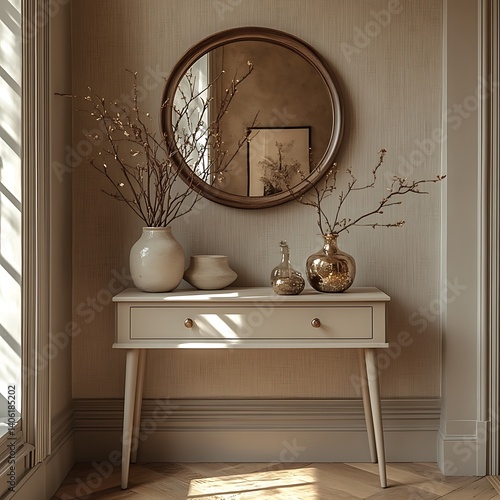 Elegant Interior Decor: A Neutral Console Table Arrangement with Rustic Vases and a Circular Mirror Displaying Light and Shadows, Reflecting Warmth.