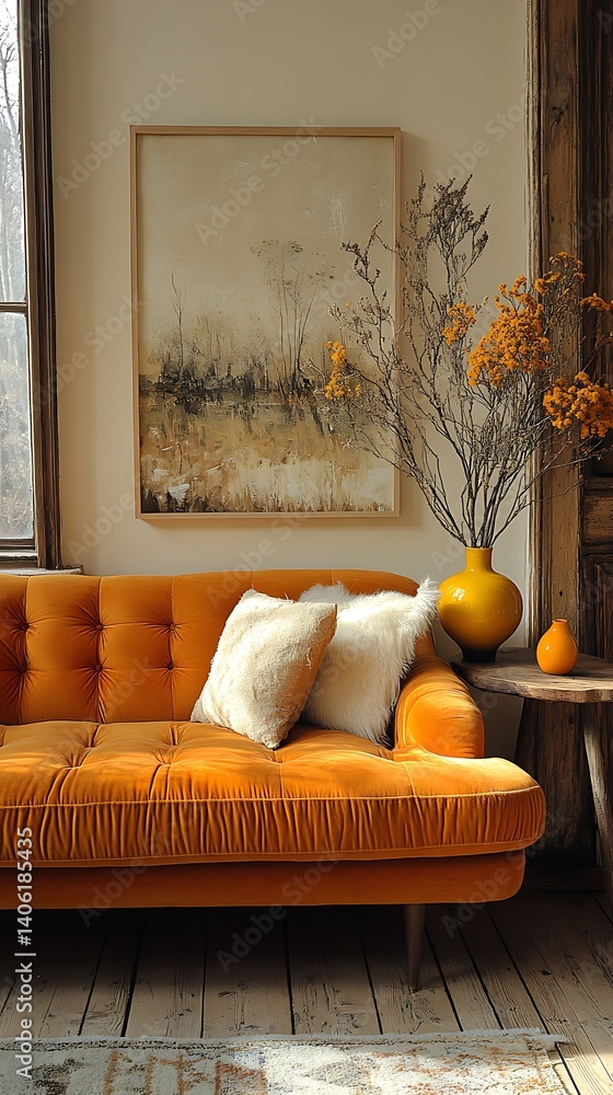 Cozy Living Room Scene with Orange Velvet Sofa, Textured Pillows, Earthy Artwork, and Dried Floral Arrangement for Interior Design Inspiration.