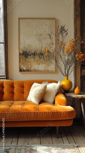 Obraz na płótnie Cozy Living Room Scene with Orange Velvet Sofa, Textured Pillows, Earthy Artwork, and Dried Floral Arrangement for Interior Design Inspiration. w salonie