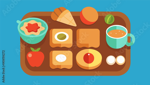 A mix of sweet and crunchy options including cinnamon toast bites apple slices and mini muffins arranged on a breakfastthemed board.. Vector illustration