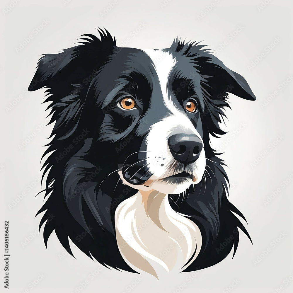 Fototapeta premium 警戒した表情のボーダーコリーの顔イラスト