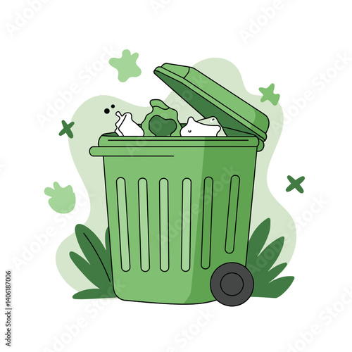 Overflowing Green Trash Bin Vector. Illustration with waste and leafy motif. Waste management problems, pollution, overconsumption concept. Environmental awareness graphic, editorial visual 