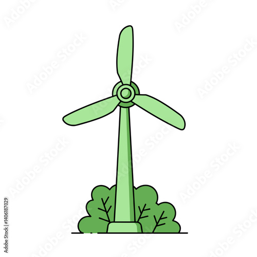 Green Wind Turbine Vector. Simple illustration surrounded by bushes. Renewable energy, sustainability, clean power concept. Icon, web graphic, environmental design element