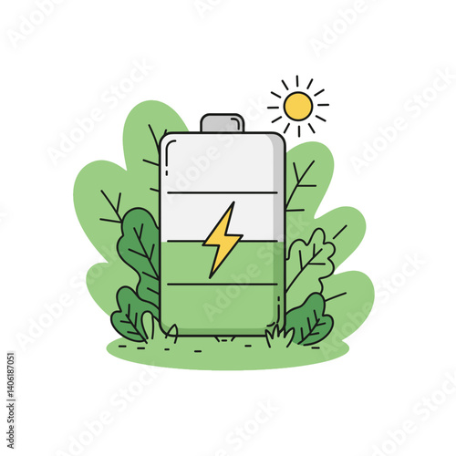 Solar Battery Charging Vector. Illustration of battery absorbing sunlight in green environment. Renewable energy, power storage, green technology concept. Infographic element, web graphic