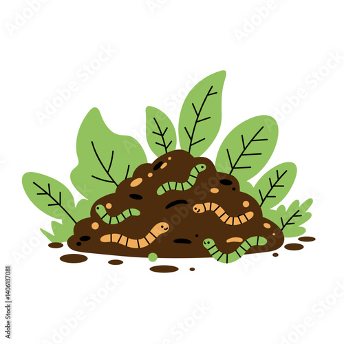 Compost Pile Vector Illustration. Earthworms and green leaves in soil. Organic gardening, decomposition, soil enrichment, recycling concept. Educational graphic, sustainable farming icon, environmenta