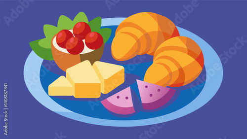 A mix of sweet and savory options including mini croissants cheese cubes and gfruit wedges.. Vector illustration