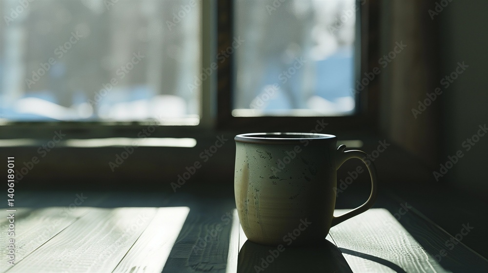 Photorealistic image of a mug with tea stain ring near window Photorealistic image of a mug with tea stain ring near window