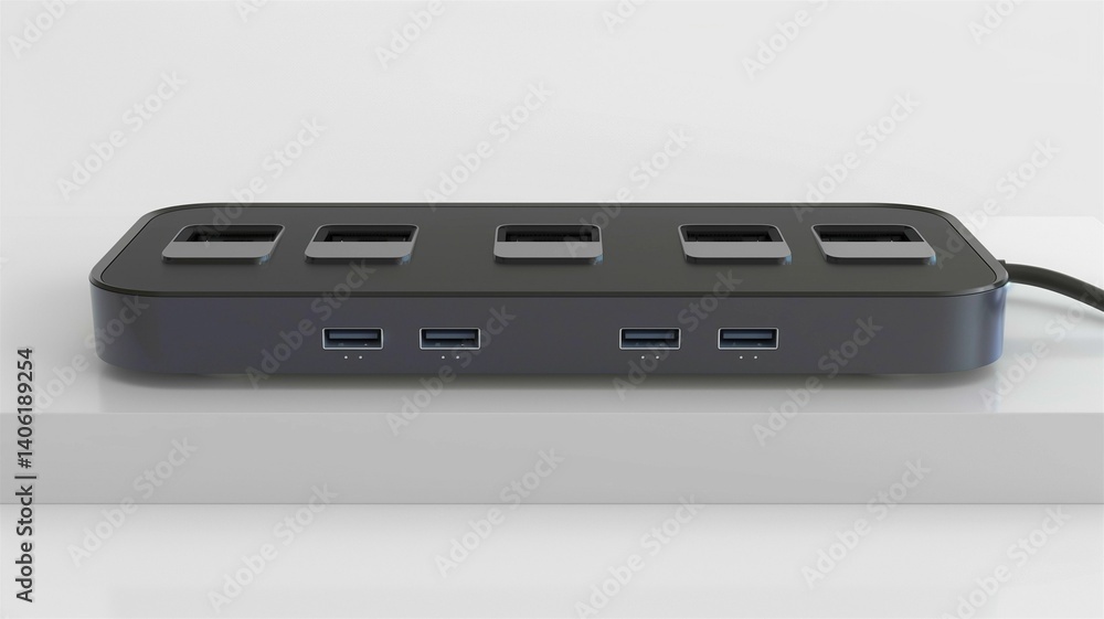 Photorealistic image of a magnetic usb charging hub with four ports on a white background Photorealistic image of a magnetic usb charging hub with four ports on a white background