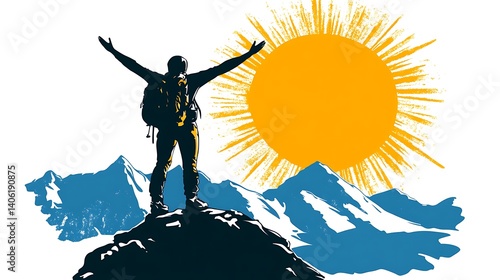 A person enjoying the triumph of reaching the top standing with arms wide on a mountain peak