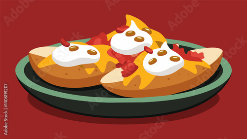 A platter of crispy potato skins topped with bacon bits cheddar cheese and a dollop of sour cream ideal for a Sunday night hockey game.. Vector illustration
