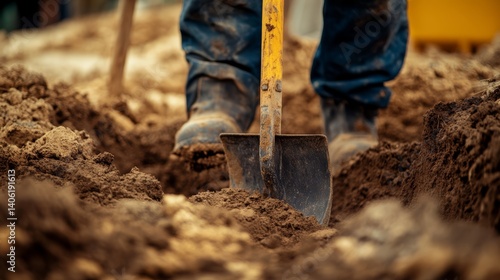 Wallpaper Mural Construction worker digging trenches for a foundation. Featuring excavation and groundwork Torontodigital.ca