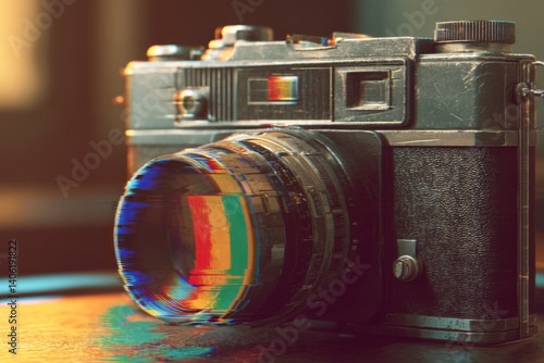 Vintage camera with glitch effect and retro tech and warm lighting and negative space