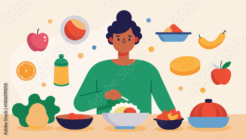 A person practicing intuitive eating by mindfully choosing a variety of colors textures and tastes for their meal.. Vector illustration