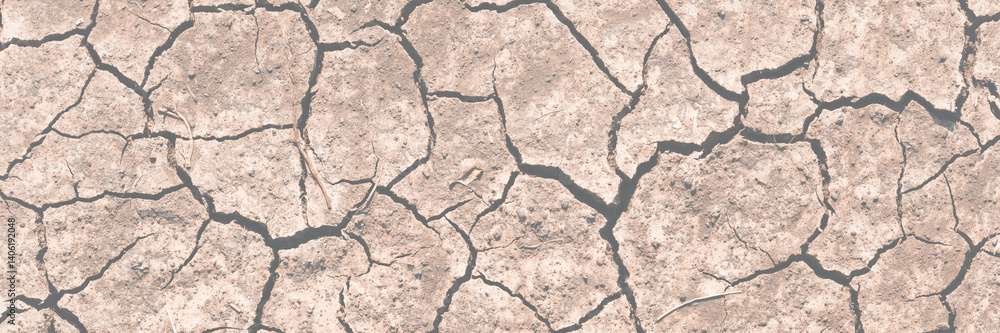 Texture of cracked dried soil. Dry ground with cracks. Brown rough surface of the soil during summer drought. Wide panoramic background for design. Ecology, climate change and global warming on Earth.