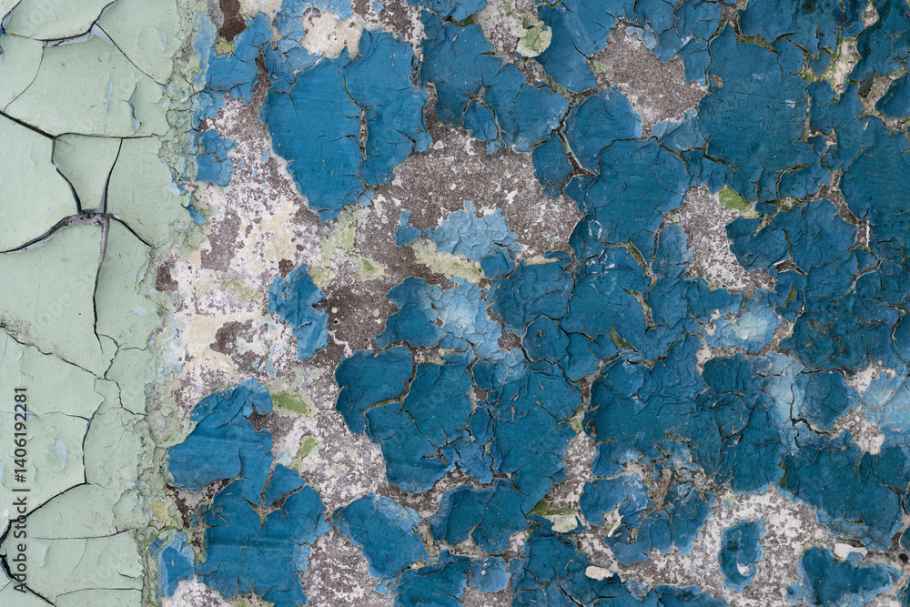 Peeling paint on the wall. Old concrete wall with cracked flaking paint. Weathered rough painted surface with patterns of cracks and peeling. Grunge texture for background and design. High resolution.
