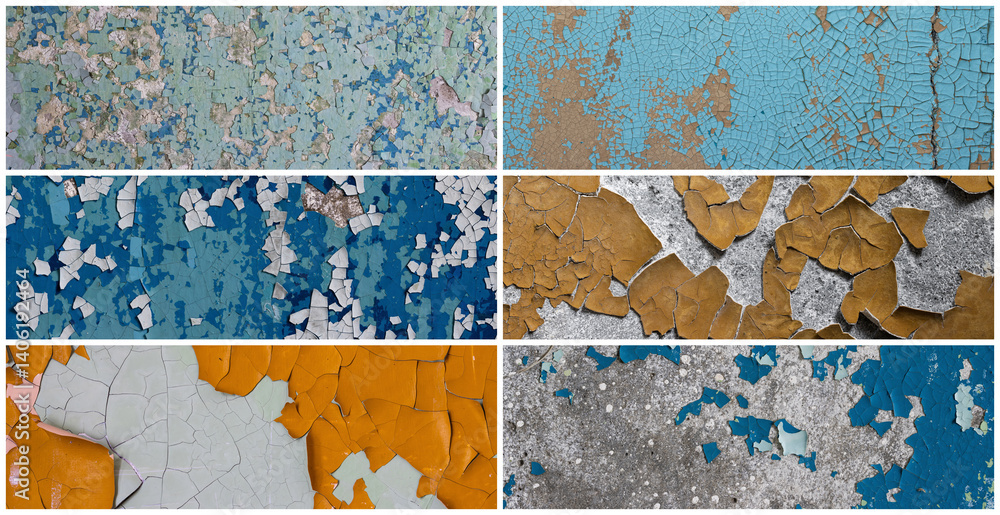 Set of peeling paint textures. Old concrete walls with cracked flaking paint. Weathered rough painted surfaces with patterns of cracks and peeling. Collection of panoramic backgrounds for design.