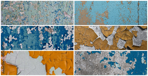 Obraz na płótnie Set of peeling paint textures. Old concrete walls with cracked flaking paint. Weathered rough painted surfaces with patterns of cracks and peeling. Collection of panoramic backgrounds for design. w salonie