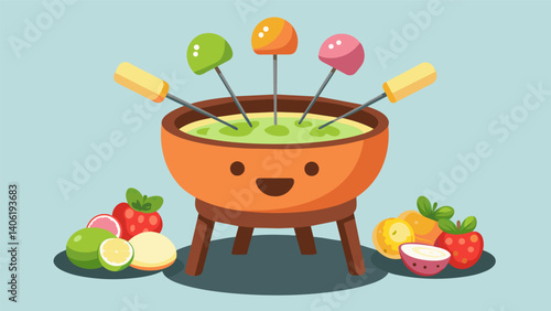 A kidfriendly setup with a whimsical animalthemed fondue pot filled with gooey cheese accompanied by colorful skewers of bitesized fruits and. Vector illustration