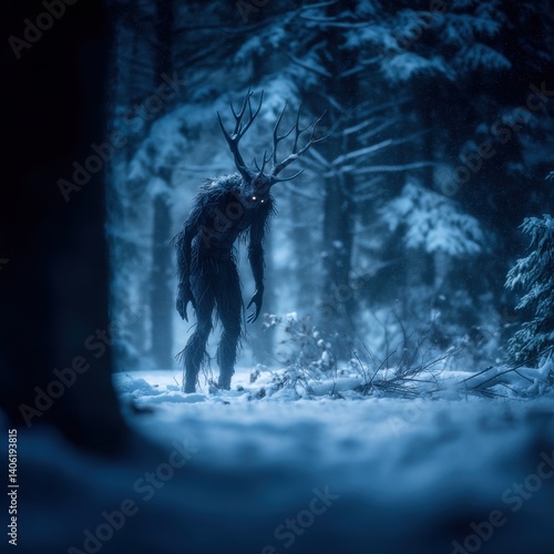 Wendigo in snowy forest with cold blue lighting and negative space above