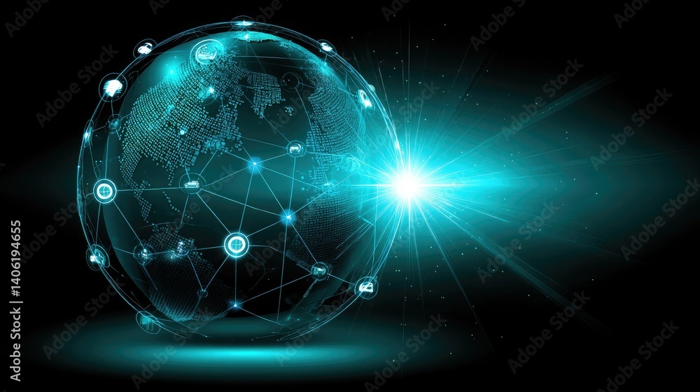 Obraz premium A glowing, digital representation of Earth interconnected by networks, symbolizing technology and global communication.