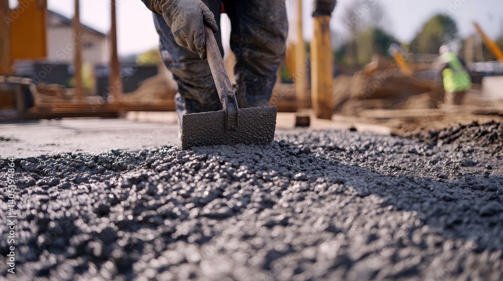 Construction worker laying concrete at a building site. Featuring concrete work and site preparation Construction worker laying concrete at a building site. Featuring concrete work and site preparation