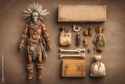 Witch doctor action figure in packaging, feathered mask and bone jewelry with accessories