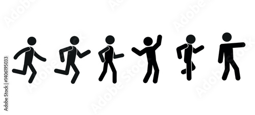 stick man walking, running, dancing, set of human figures in different poses, pictogram, group of people, flat vector illustration