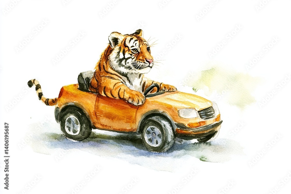 Obraz premium Watercolor painting of a tiger driving an orange car on a white background with visible tail and tires